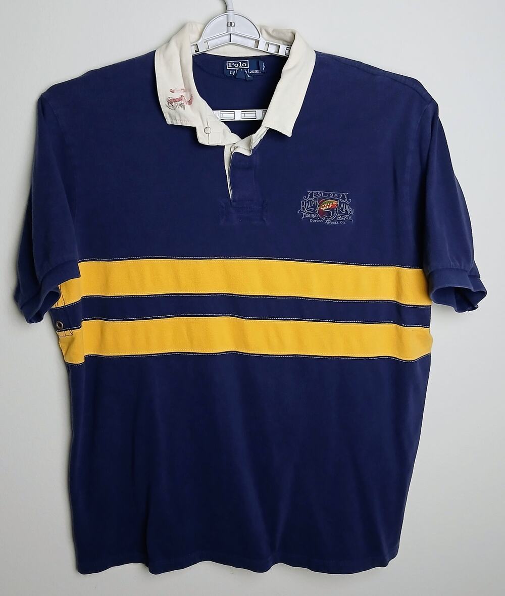 Vtg Polo Ralph Lauren Fishing Tackle Rugby Shirt Mens XXL Navy Yellow Stripe